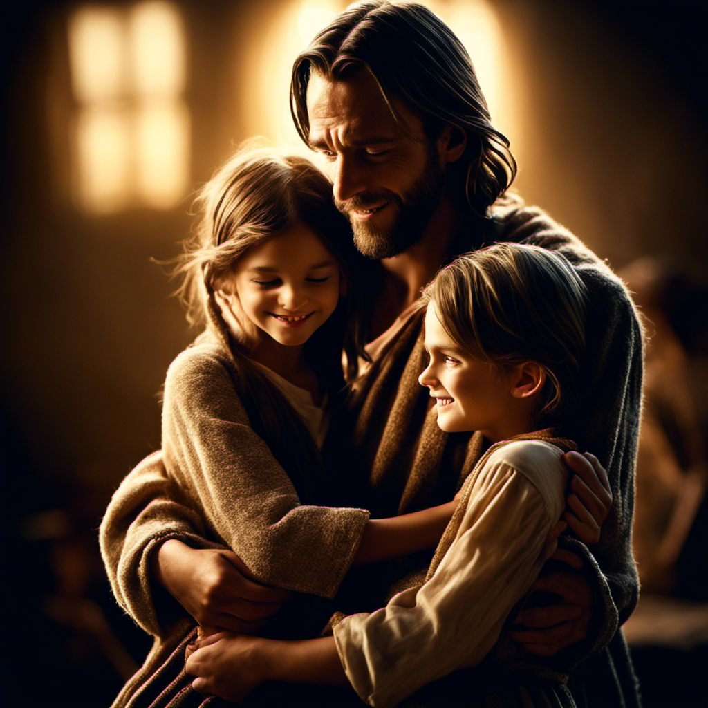 Here is a poetic caption for the image:

Embraced by the Savior's gentle grace,
Children bask in His loving embrace.
Blessed by the light that shines from above,
They rest secure in the Shepherd's love.