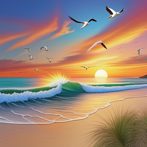
The vivid colors of the sunset sky are reflected in the ocean waters as seagulls soar overhead, their wings illuminated in shades of orange and pink. This beautiful scene reminds us that worldly riches are fleeting, but those who trust in God will inherit eternal life in heaven.

