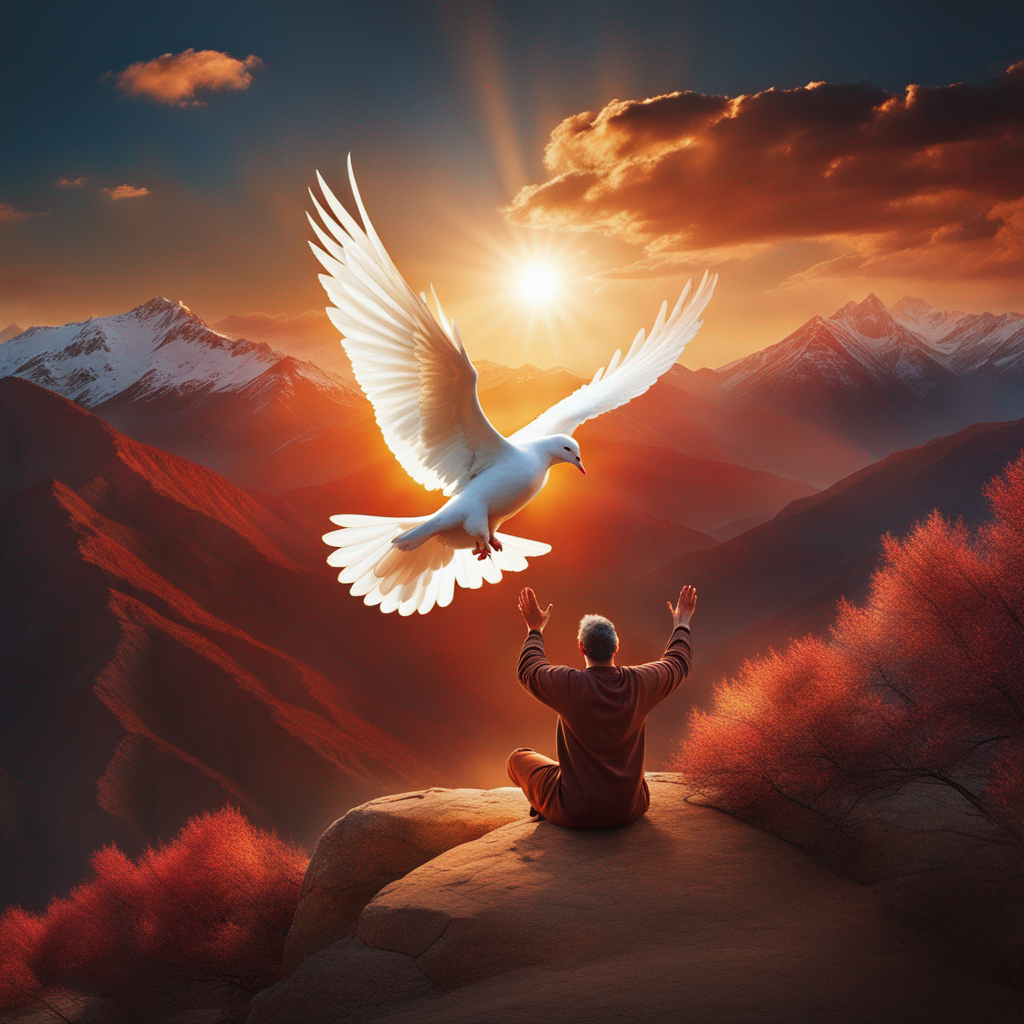 
The Spirit's Promise Fulfilled
As the dove of heaven descends, flames of fire alight upon those who call on the name of the Lord. Young and old alike feel the Holy Spirit's touch, their hands raised in worship as signs appear in the darkened sky. God's outpouring has come.
