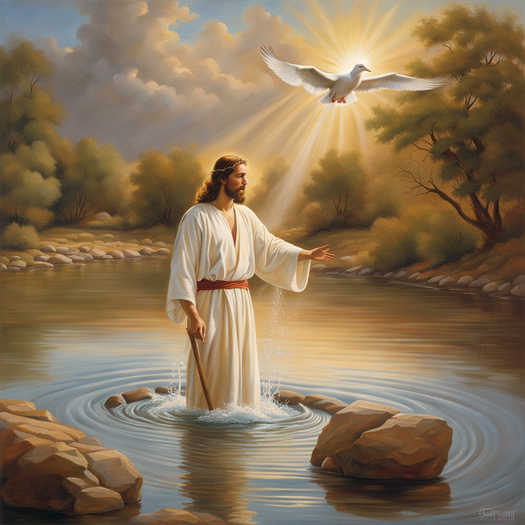 
The Dove of Heaven's Grace
Alights upon the Son Divine
As Water's Blessing Seals His Fate
To Save Lost Souls Through Love Sublime
