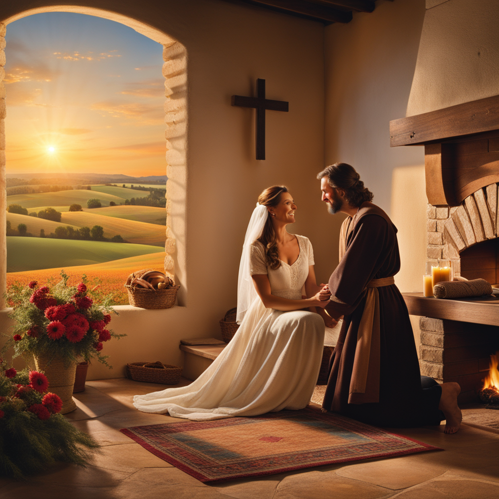 
Their eyes meet with a gaze of Christ-like love,
As his hands gently cleanse her feet by the hearth,
Reminding them both of the Lord above,
Who gave all for his bride, to give her new birth.
