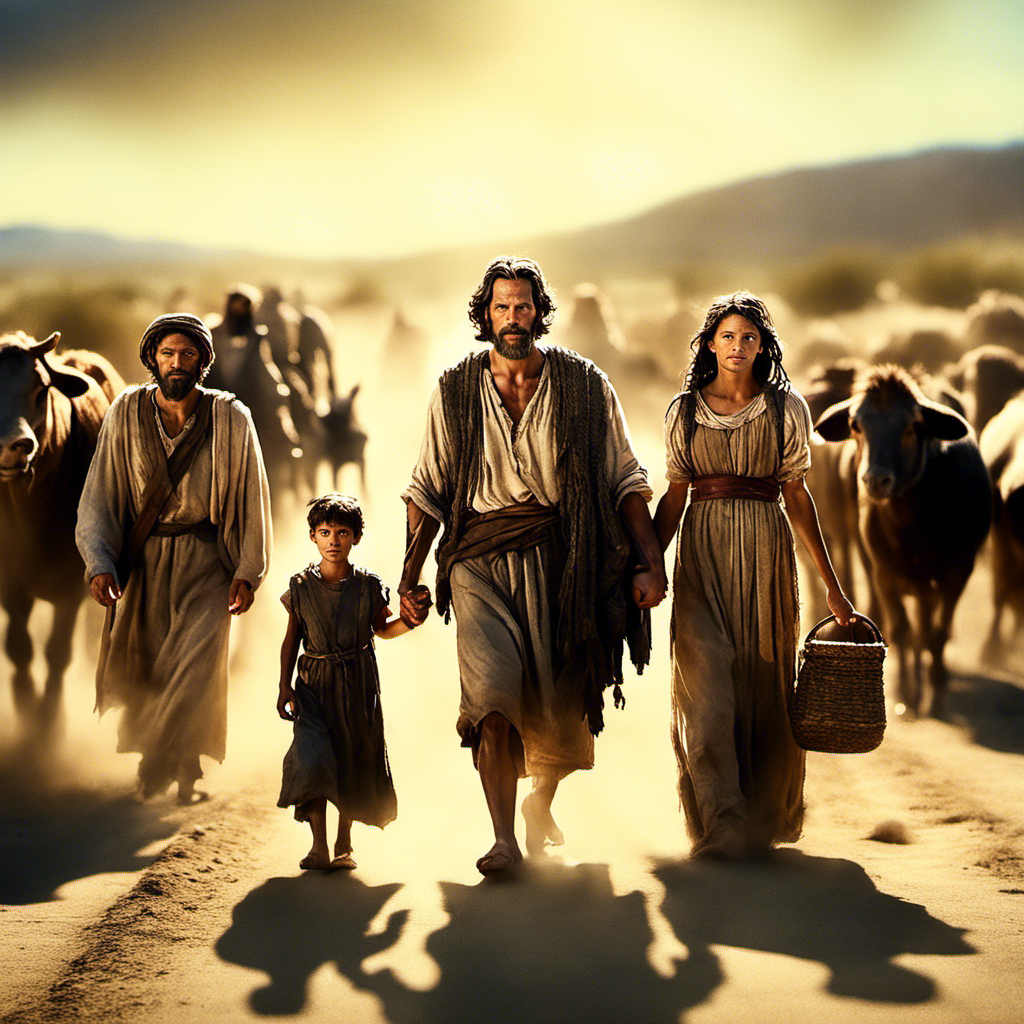 
Jacob leads his family on a journey of faith,
God's light guiding their path through night and day.
