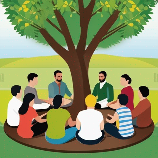 
A group of Christians sit together under a tree praying with joined hands, taking to heart Paul's message to live in genuine love and harmony with one another through service, empathy, forgiveness and overcoming evil with good.
