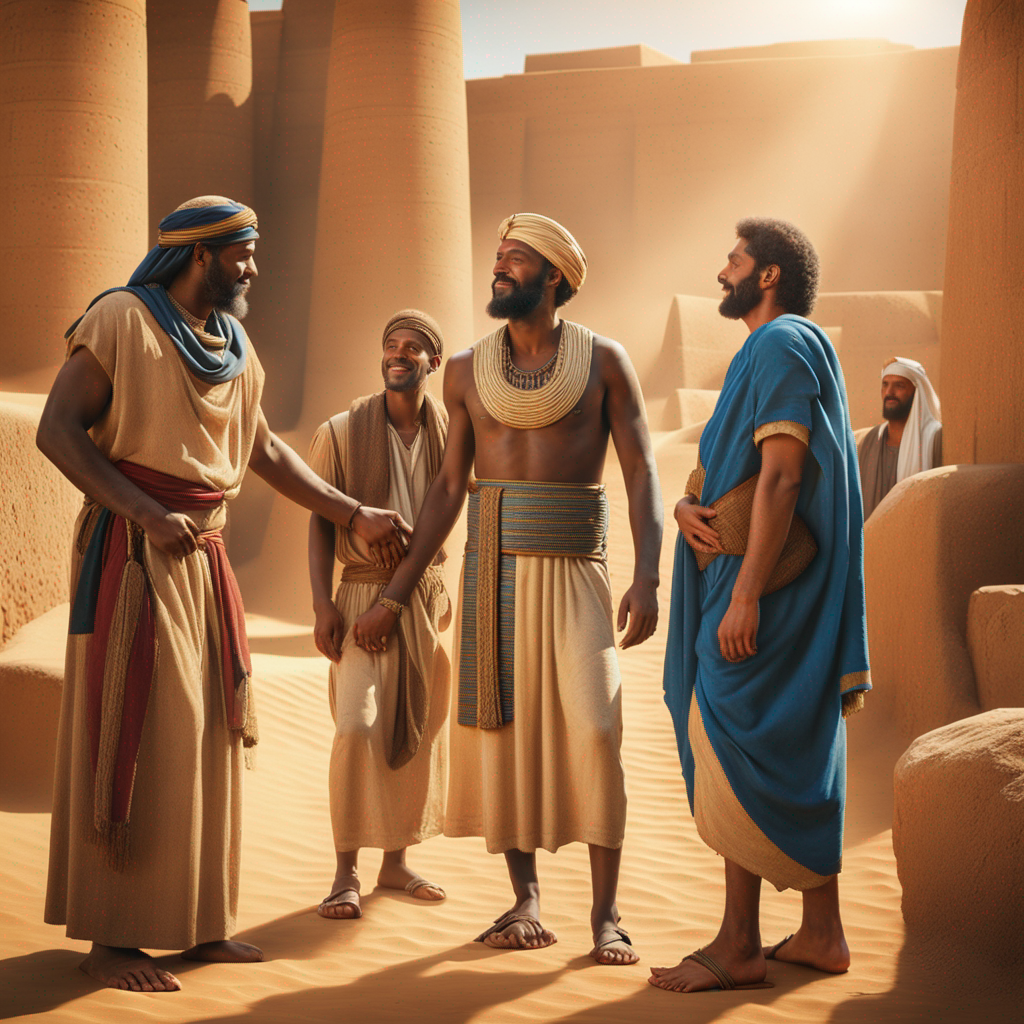 
Forgiveness and restoration: Joseph warmly embraces his brothers, demonstrating God's power to heal and redeem broken relationships.  
