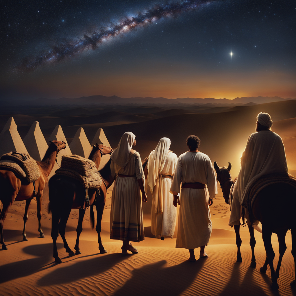 
By faith in visions of night, Jacob leads his flock
God's promise of blessing and nation he took
Down Egypt's long road in wagons they ride
The patriarch's family close by his side
